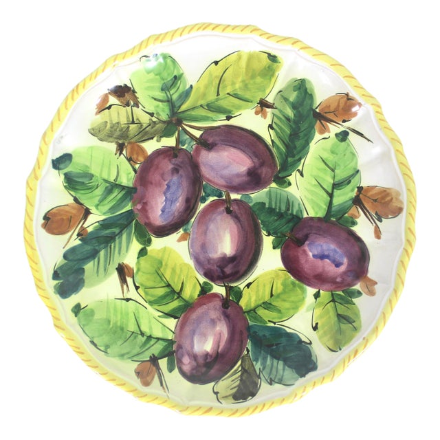 Vintage 11” Italian Renaissance Revival Hand Painted Plum Fruit Plate Made in Italy Faïence Ceramic For Sale