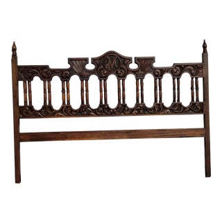 Vintage Spanish Style Ornately Carved Solid Wood King Headboard For Sale