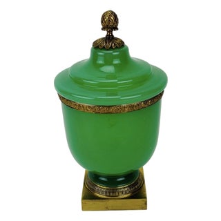 Antique French Green Opaline and Brass Large Covered Jar With Acorn Finial For Sale