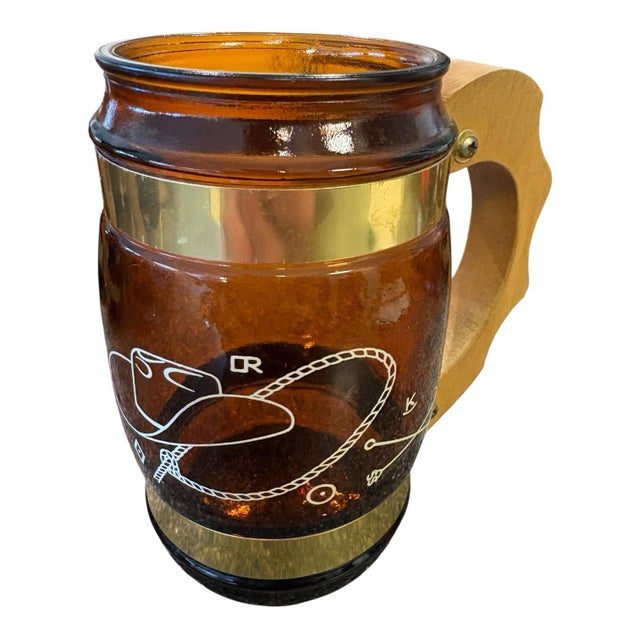 Vintage Siesta Ware Amber Glass Western Barware Set With 6 Mugs & Wood Caddy For Sale - Image 9 of 12