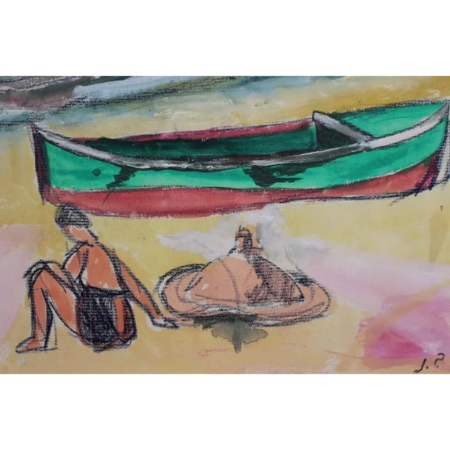 Jean Pons, Small Boat and Bather in Dinard, 1961, Mixed Media on Paper, Framed For Sale - Image 8 of 11