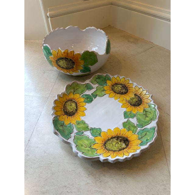 Vintage 13.5” Italian Sunflower Incised, Glazed Handpainted Terracotta Platter For Sale - Image 15 of 16