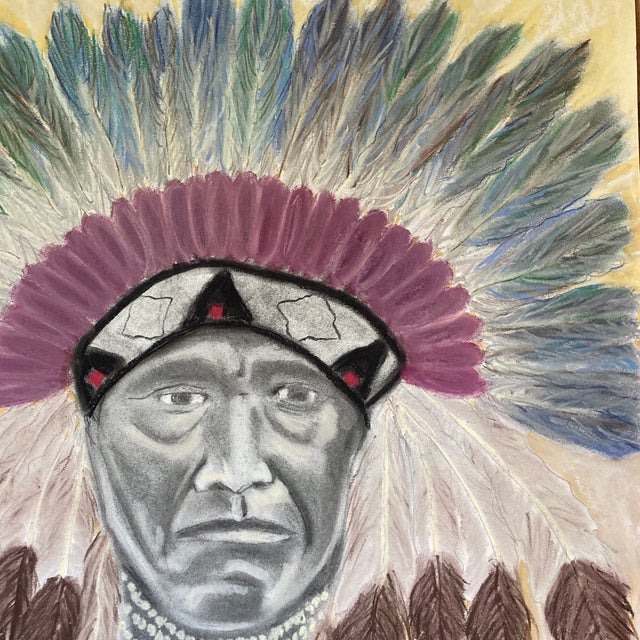 2020s Original Folk Art Pastel Drawing of an Indian Chief For Sale - Image 5 of 7