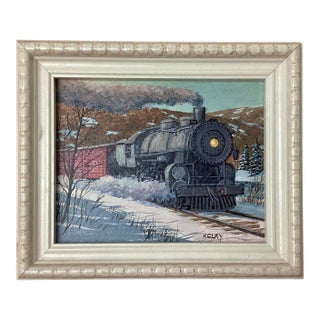 Mid 20th Century Small Train Painting by Harold Clay Buffalo Ny For Sale