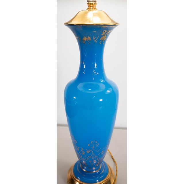 19th Century French Turquoise Opaline Glass Ormolu Table Lamps - Pair For Sale - Image 4 of 14