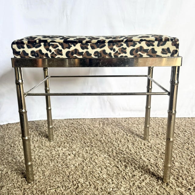 Mid Century Modern Faux Bamboo Chrome Leopard Print Low Stool For Sale - Image 4 of 9