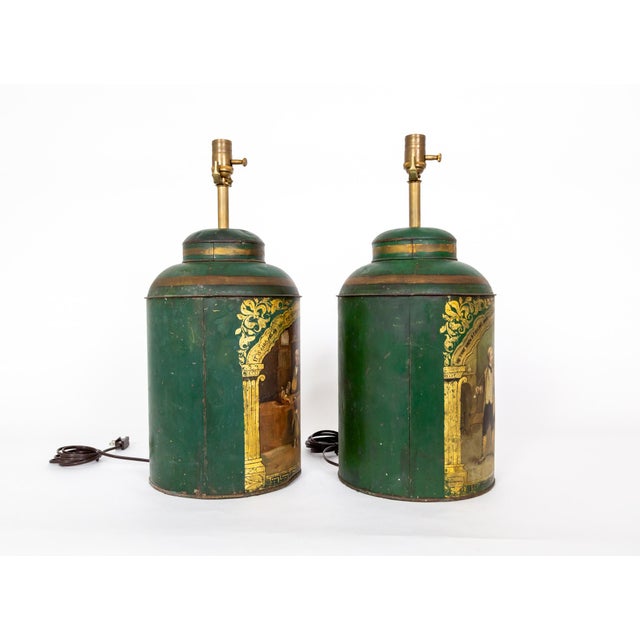 Late 19th Century Late 19th Century Large Green Hand-Painted English Tea Canister Lamps - a Pair For Sale - Image 5 of 11