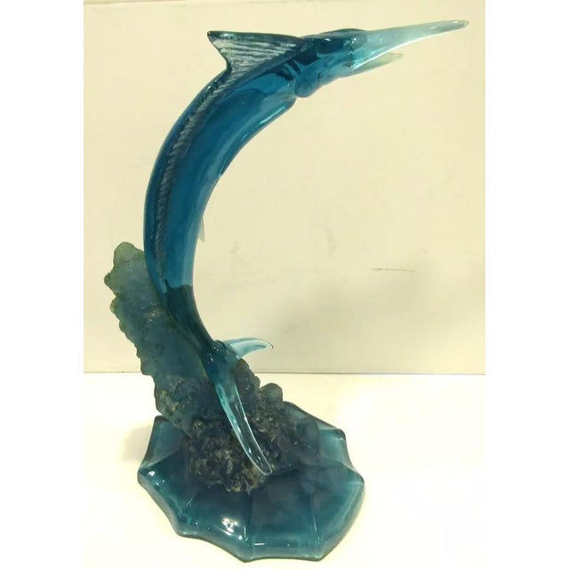 Plastic Robert Wyland 1983 Blue Lucite Jumping Marlin in Wave Sculpture For Sale - Image 7 of 12