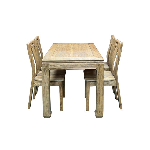 1980s Oriental Light Wood Rough Grain Rectangular Dining Table 4 Chairs Set For Sale - Image 5 of 16