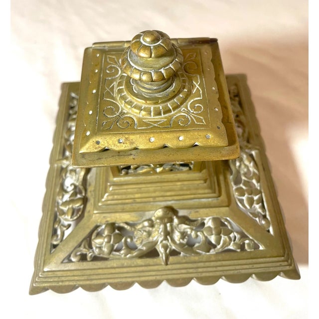 Brass Antique Ornate 19th Century Victorian Gilt Bronze Brass Desk Inkwell Stand For Sale - Image 8 of 12