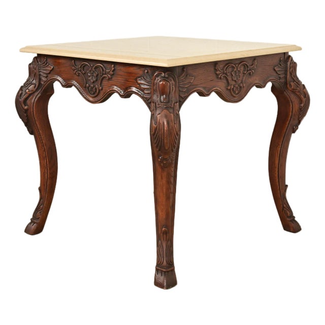 Ralph Lauren French Rococo Louis XV Carved Oak Marble Top Tea Table or Center Table For Sale