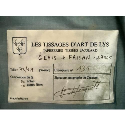 "Jacquard tapestry signed Jacquelot" tapestry depicting jays and pheasants on a blue background with white flowers,...