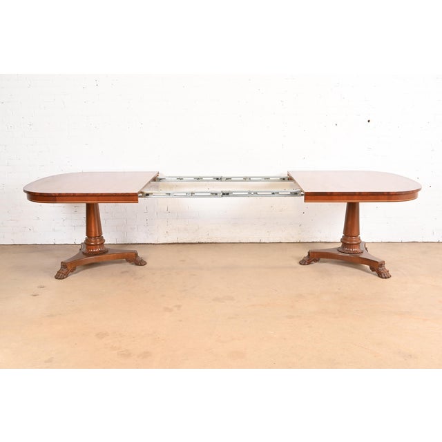 Kindel Furniture Regency Banded Mahogany Double Pedestal Extension Dining Table, Newly Refinished For Sale In South Bend - Image 6 of 14