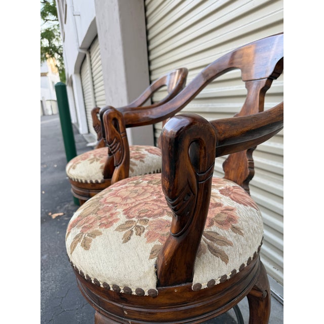 Wood Maitland Smith Style Swivel Bar Stools - Carved Wood, Upholstered Seats, Priced to Sell For Sale - Image 7 of 11