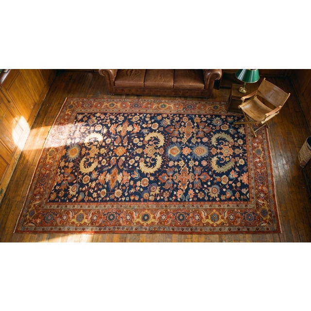 Striking Navy Blue and Red Color With Lancet Leaves, Palmette Design Antique Heriz Rug For Sale - Image 14 of 15