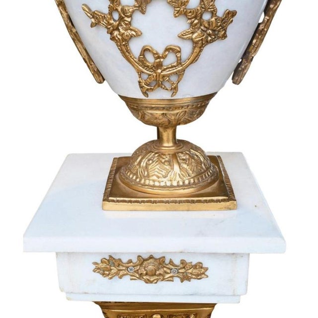 Louis XVI Revival Pedestals with Marble Ormolu Urns, Set of 2 For Sale - Image 3 of 7