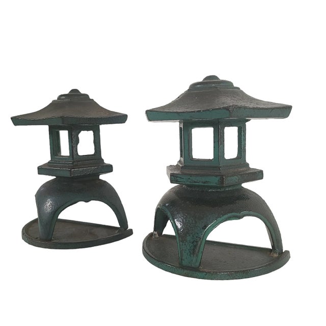 Mid-Century Modern 1950's Cast Iron Verdigris Pagoda Bookends For Sale - Image 3 of 11