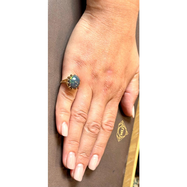 5 Ct Oval Shape Black Australian Opal Cocktail Ring 14 Kt Yellow Gold , Unisex For Sale - Image 12 of 18