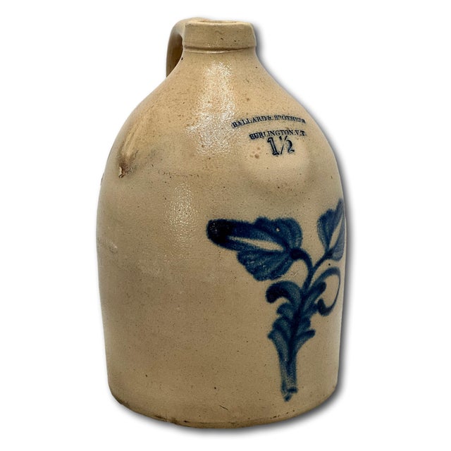 Excellent & Unsusal 1 1/2 Gallon Size Antique American Blue Flower Decorated Stoneware Jug From Vermont Circa 1870s For Sale In Boston - Image 6 of 18