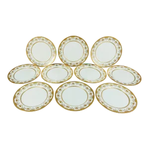 Vintage Crown Sutherland England Antique Heavy Gold Raised Heart Dinner Plates- Set of 10