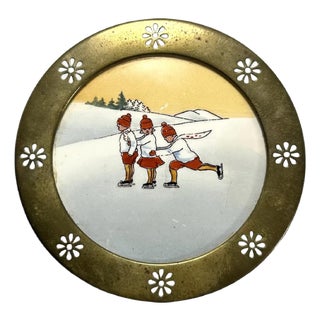 German Brass Framed Porcelain Plate: Hand Painted Skating Children For Sale