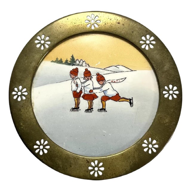 German Brass Framed Porcelain Plate: Hand Painted Skating Children For Sale