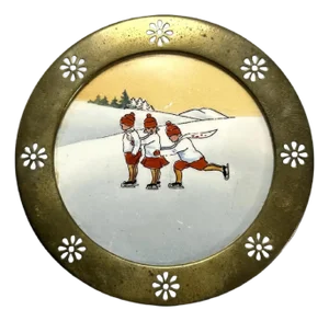 German Brass Framed Porcelain Plate: Hand Painted Skating Children