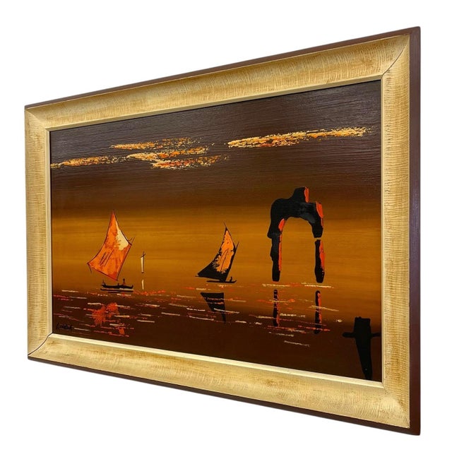 Original framed painting depicting a stylized Coastal seascape with sailboats on calm water and a silhouetted...