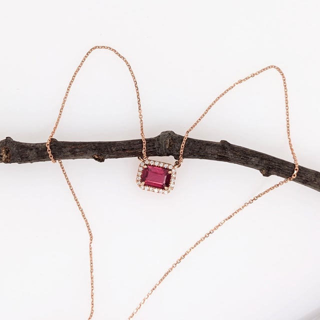 Contemporary Timeless Ruby Necklace w Earth Mined Diamonds in Solid 14K Rose Gold EM 7x5mm For Sale - Image 3 of 10