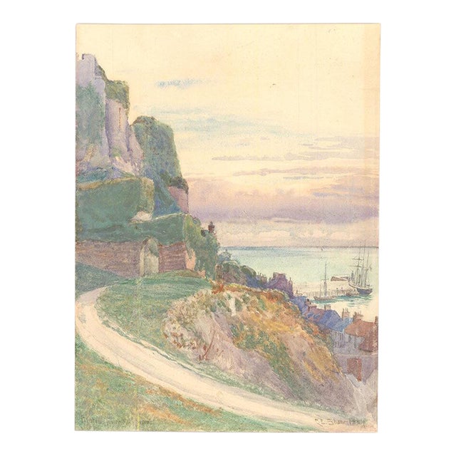 Vintage Original Watercolor Painting of Hills and Harbor Town For Sale