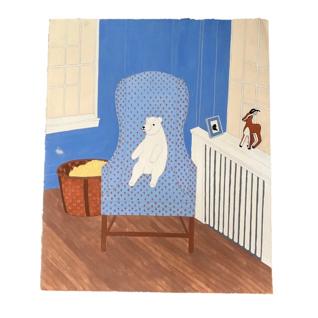 1970’s Original Folk Art Children’s Room Teddy Bear Watercolor Painting For Sale