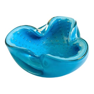 Mid Century Alfredo Barbini Murano Art Glass Bowl - Bullicante Blue With Gold Flecks, Italy For Sale