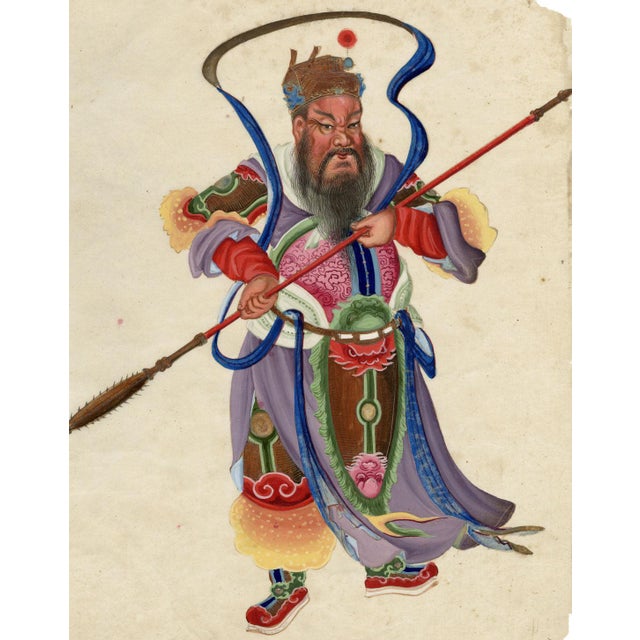 Paper Canton School Artist, Taoist Warrior Deity Guan Yu, 18th Century, Gouache Painting For Sale - Image 7 of 7