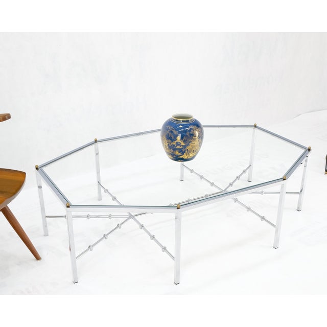 Faux Bamboo Chrome Glass Top Brass Balls Finials Elongated Hexagon Coffee Table For Sale - Image 4 of 12