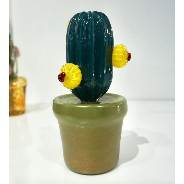 2000s Italian Teal Gold Green Murano Art Glass Cactus Plant With Yellow Flowers For Sale In New York - Image 6 of 13