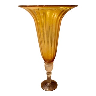 1990s Murano Style Glass Fluted Pedestal Style Dramatic Taper Tulip Vase, Made in Italy For Sale