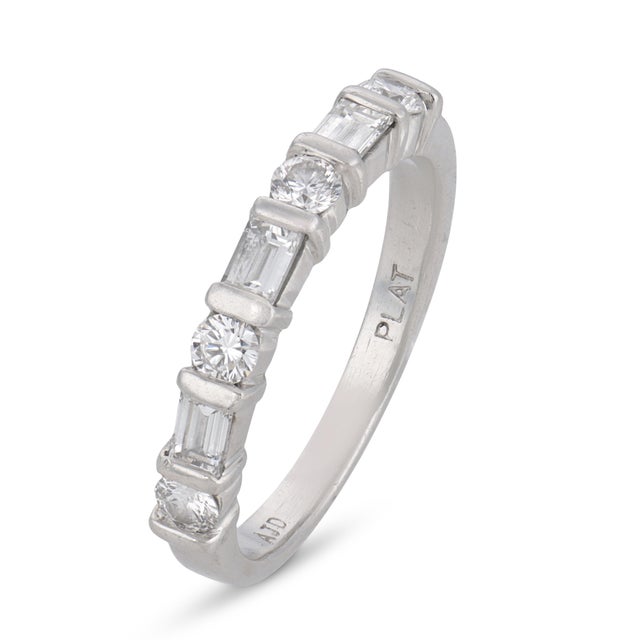 1950s Mid Century Baguette and Round Diamond Platinum Half Eternity Band, Size 4.5 For Sale - Image 5 of 7