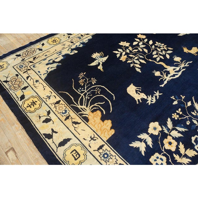 Navy Blue 1880s Blue Navy Open Field Chinoiserie Pattern Antique Chinese Peking Rug For Sale - Image 8 of 12
