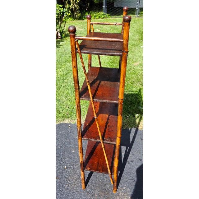 For your consideration is this Antique Victorian Aesthetic Movement Burnt Bamboo Four-Tier Shelf Etagere great for Towels...