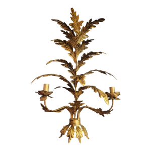 Vintage 3ft Metal Antiqued Gold Leaf Palm Leaf Hollywood Regency 2 Light Wall Lamp Sconce