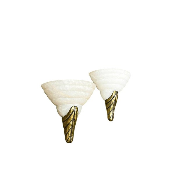 Albaster and Gold Leaf Brass Sconces, 1970s, Set of 2 For Sale - Image 12 of 16