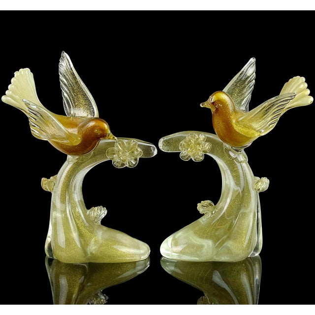 Murano vintage, and gorgeous, hand blown white, deep golden amber and gold flecks Italian art glass playful birds on...
