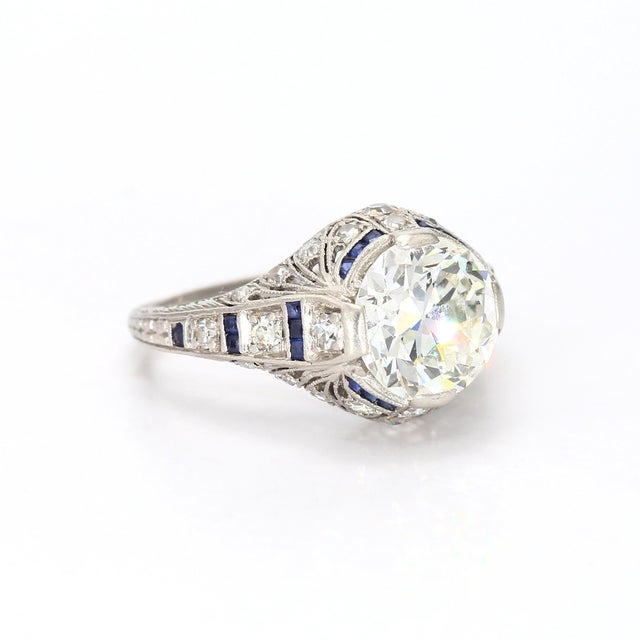 Antique Platinum Diamond & Blue Sapphire Ring - Size 5 For Sale In Phoenix - Image 6 of 6