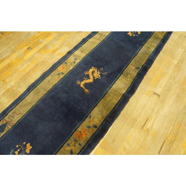 1920s Navy Dragon Floral Antique Chinese Peking Rug 2' 4'' X 14' 4'' Wool Knotted Carpet For Sale - Image 4 of 9