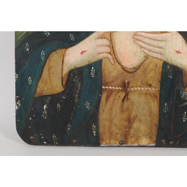 Blue Sacred Heart of Jesus, Oil on Tin Over Panel, 19th Century For Sale - Image 8 of 12