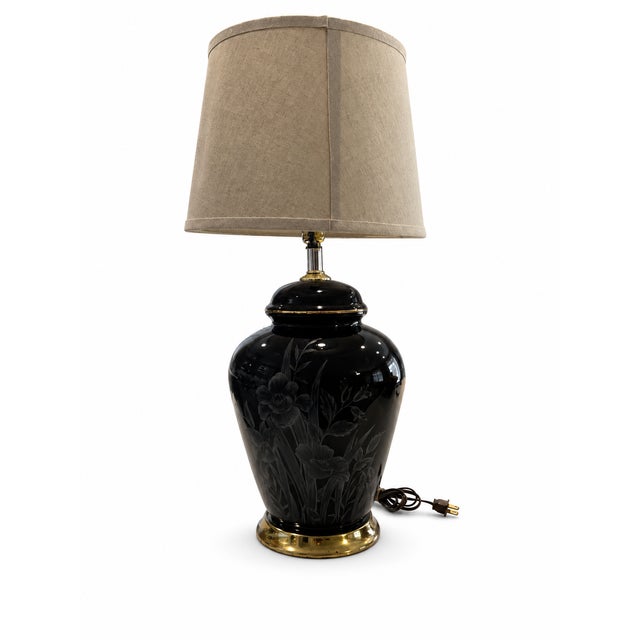 1980s Vintage 1980s Black Chinoiserie Ceramic Ginger Jar Table Lamp With Linen Shade For Sale - Image 5 of 6