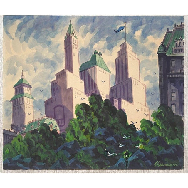 Vintage James Russell Sherman Central Park Plaza Hotel Roof New York Painting For Sale - Image 4 of 11