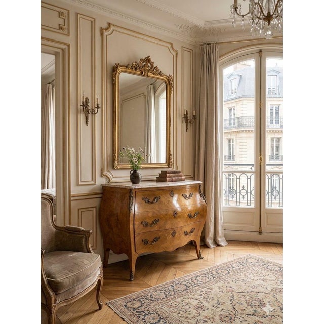 Antique French Louis XV marble top bombe chest. Lovely intricate patterned inlay veneer drawer faces and sides. Featuring...