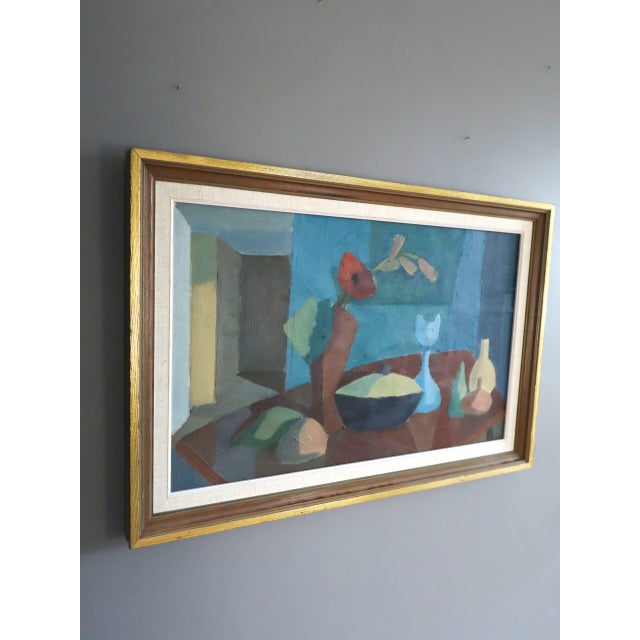 Mid-Century Modern Mid-Century Modern 'Still Life With Cat Figurine' Vintage Swedish Original Geometric Interior Oil Painting, Framed For Sale - Image 3 of 10