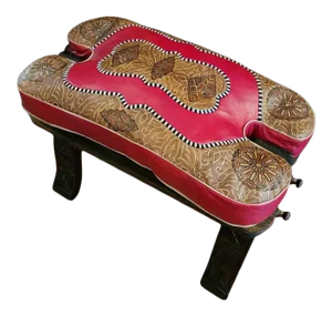 Moroccan Camel Saddles Leather Cushion Stool / Red and Tan